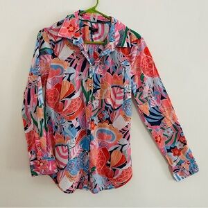 Talbots Cotton Light Weight  Button Down Shirt Size M Bright Floral Tropical